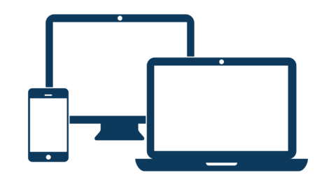 Eine einfache Grafik zeigt drei elektronische Geräte: ein Smartphone, einen Computermonitor und einen Laptop. Alle Geräte sind in dunklem Blau mit leeren Bildschirmen auf hellem Hintergrund dargestellt.
