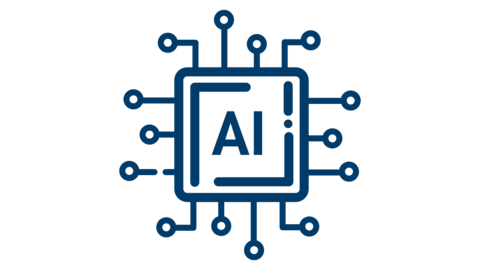 Blaue Grafik eines Computerchips mit den Buchstaben "AI" in der Mitte, umgeben von nach außen verzweigten Schaltkreisen, die die Technologie der künstlichen Intelligenz symbolisieren.