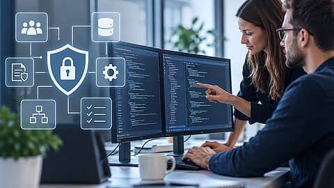 Zwei Personen arbeiten an Computerbildschirmen, auf denen Code angezeigt wird. Eine Frau zeigt auf den Bildschirm. Darüber sind Sicherheitssymbole wie ein Schild und ein Schloss eingeblendet, die für Konzepte der Cybersicherheit und des Datenschutzes stehen.