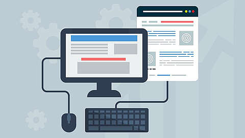 Professionelles Webdesign Abbildung eines Computermonitors, der mit einer Tastatur und einer Maus verbunden ist und Webseiten und digitale Inhalte anzeigt, die die Website-Entwicklung oder das Online-Browsing darstellen, mit Zahnradsymbolen im Hintergrund.