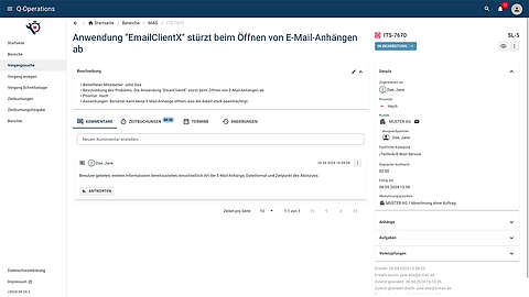 Eine Helpdesk-Ticket-Schnittstelle zeigt einen Bericht mit dem Titel "Anwendung 'EmailClientX' stürzt beim Öffnen von E-Mail-Anhängen ab" mit Problemdetails, Kommentaren und Statusinformationen auf einer deutschsprachigen Service-Management-Plattform an.