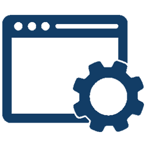 Blaues Symbol eines Webbrowser-Fensters mit drei Kreisen in der linken oberen Ecke und einem Zahnrad davor, das die Einstellungen und Konfiguration einer Website oder Webanwendung symbolisiert.