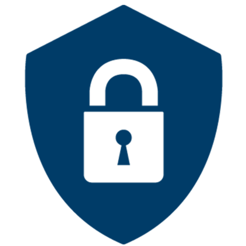 Ein blaues Schildsymbol mit einem weißen Vorhängeschloss in der Mitte, das für Sicherheit oder Schutz steht.