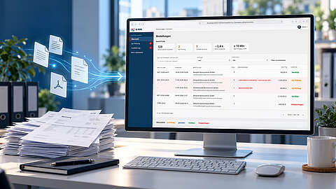 Digitale Dateien schweben von einem Papierstapel auf einen Computerbildschirm, auf dem ein Dashboard zur Auftragsverwaltung angezeigt wird.