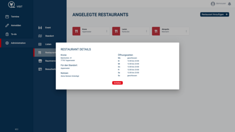 Eine Software-Schnittstelle zeigt ein Pop-up-Fenster mit dem Titel "Restaurant Details" an, in dem Informationen und Öffnungszeiten aufgeführt sind. Der Hintergrund zeigt eine Speisekarte und einen Abschnitt mit der Bezeichnung "Angelegte Restaurants", in dem drei Restaurants aufgeführt sind.