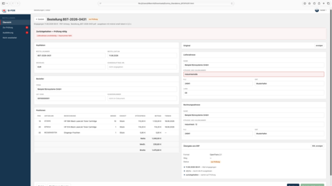 Dashboard-Oberfläche, auf der eine Bestellung mit einer Fehlermeldung wegen einer fehlenden Hausnummer angezeigt wird.