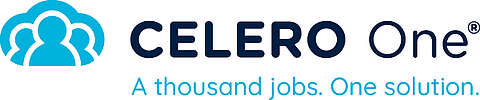 Logo für CELERO One, mit blauen Silhouetten von drei Personen in Form einer Wolke und dem Slogan "A thousand jobs. Eine Lösung." in hellblauer Schrift darunter.