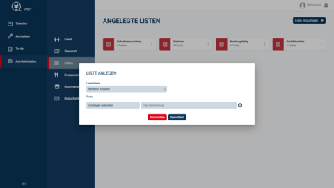 Der Bildschirm einer deutschen Webanwendung zeigt ein Pop-up-Formular mit dem Titel "Liste anlegen" zur Erstellung einer neuen Liste, mit Feldern für Namen und Aufgaben sowie den Schaltflächen "Abbrechen" und "Speichern". Im Hintergrund werden vorhandene Listenkacheln angezeigt.