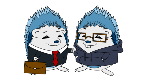 HEDGEHOGs HEDGEHOG im Anzug mit Aktentasche klopft einem HEDGEHOG mit Brille und Kapuzenpullover auf die Schulter.