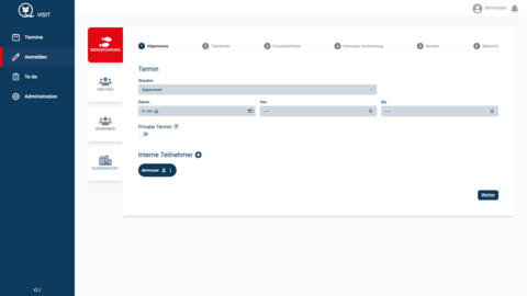 Screenshot einer deutschsprachigen Schnittstelle für die Planung von Besprechungen mit Optionen zur Auswahl von Besprechungstyp, Datum, Uhrzeit, Ort und internen Teilnehmern sowie einem Navigationsmenü auf der linken Seite.