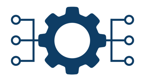 Ein blaues Zahnradsymbol mit Linien und Kreisen, die sich von beiden Seiten erstrecken, symbolisiert Technologie, Technik oder Systemintegration auf einem hellen Hintergrund.