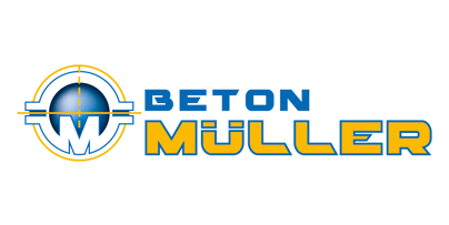 Logo für Beton Müller, bestehend aus einem kreisförmigen Symbol mit einem stilisierten Buchstaben „M“ innerhalb eines Fadenkreuzes neben dem Firmennamen.