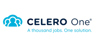 Das Celero One-Logo zeigt ein blaues Wolkensymbol mit stilisierten Figuren über dem Schriftzug „Tausend Arbeitsplätze. Eine Lösung.“