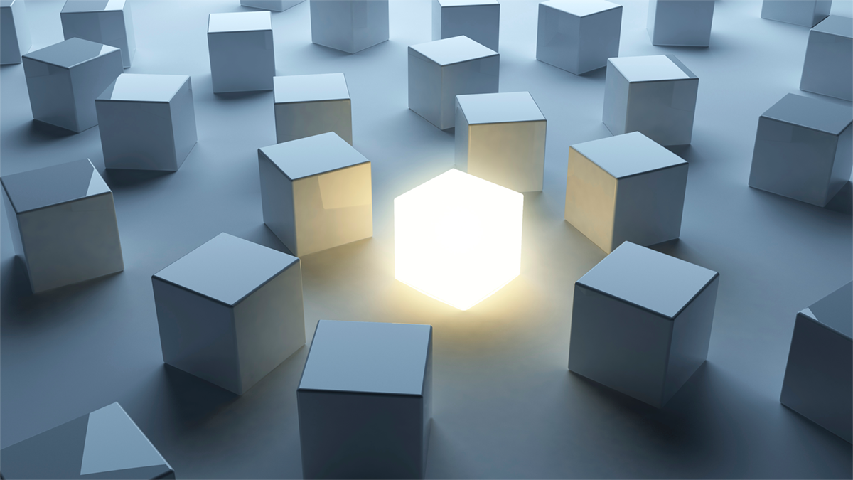 Ideenentwicklung mit Design Thinking - Methoden | HEDGEHOG Eine Box in der Mitte strahlt Licht aus, alle anderen Boxen stehen um sie